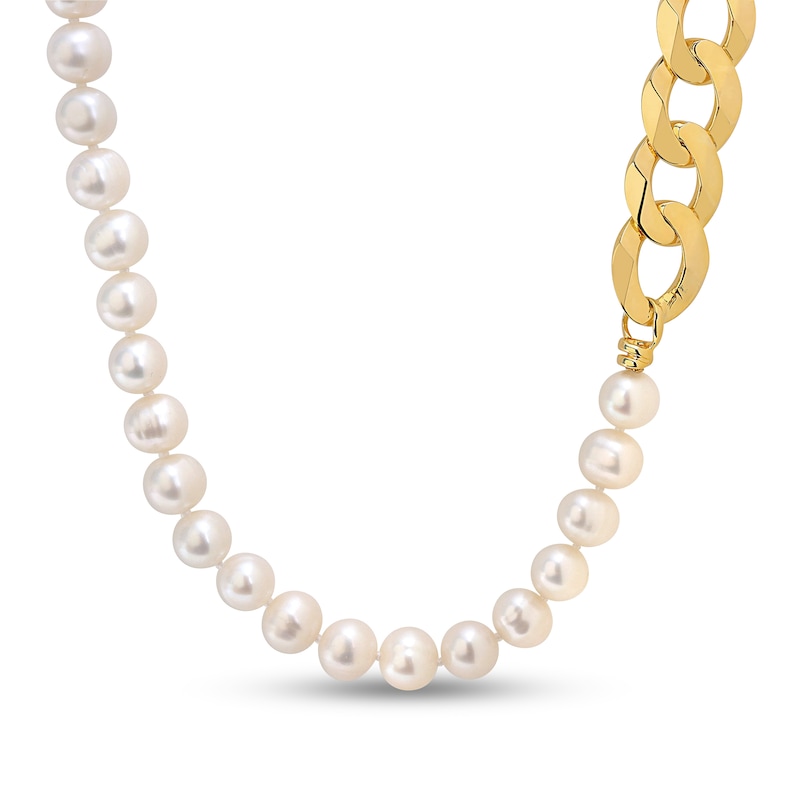 Men’s 7.0-7.5mm Freshwater Cultured Pearl & Cuban Curb Chain Necklace in Sterling Silver with Yellow Rhodium Plate-20”|Peoples Jewellers