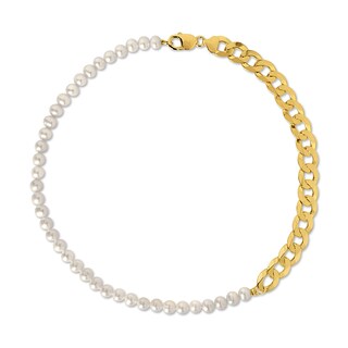 Men’s 7.0-7.5mm Freshwater Cultured Pearl & Cuban Curb Chain Necklace in Sterling Silver with Yellow Rhodium Plate-20”