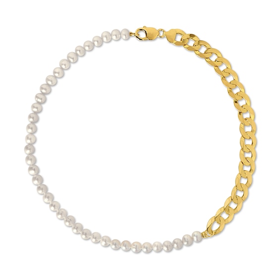 Men’s 7.0-7.5mm Freshwater Cultured Pearl & Cuban Curb Chain Necklace in Sterling Silver with Yellow Rhodium Plate-20”