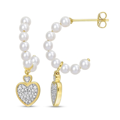 Freshwater Cultured Pearl J-Hoop and 0.05 CT. T.W. Diamond Heart Dangle Earrings in 10K Gold