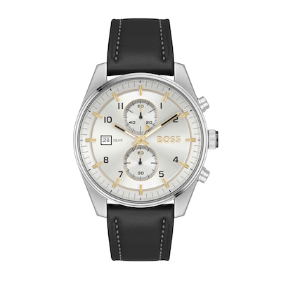 Men's Hugo Boss Skytraveller Chronograph Black Leather Strap Watch with Silver-Tone Dial (Model: 1514147)