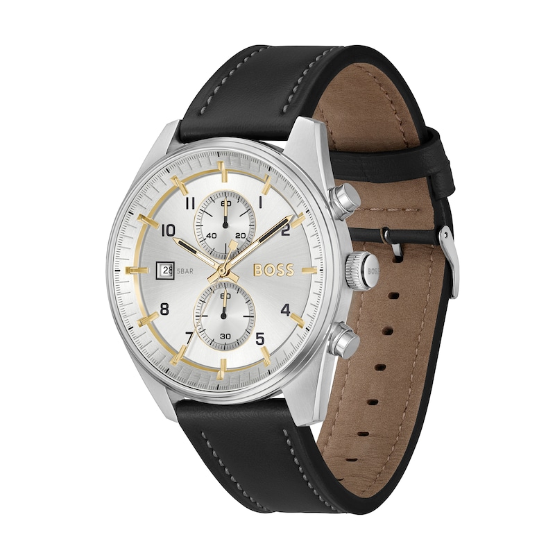 Men's Hugo Boss Skytraveller Chronograph Black Leather Strap Watch with Silver-Tone Dial (Model: 1514147)|Peoples Jewellers