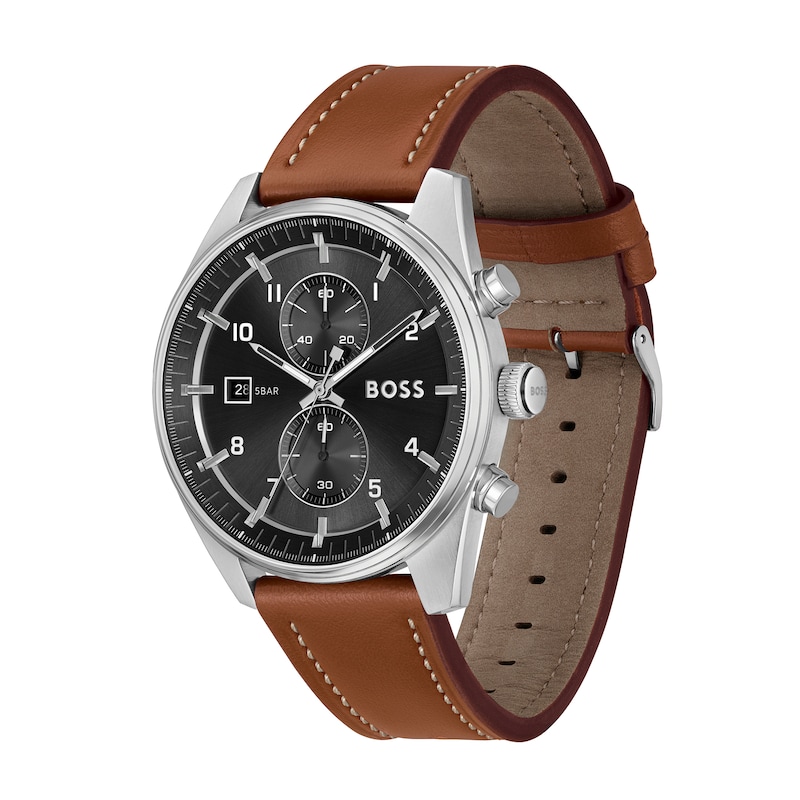 Men's Hugo Boss Skytraveller Chronograph Brown Leather Strap Watch with Black Dial (Model: 1514161)|Peoples Jewellers