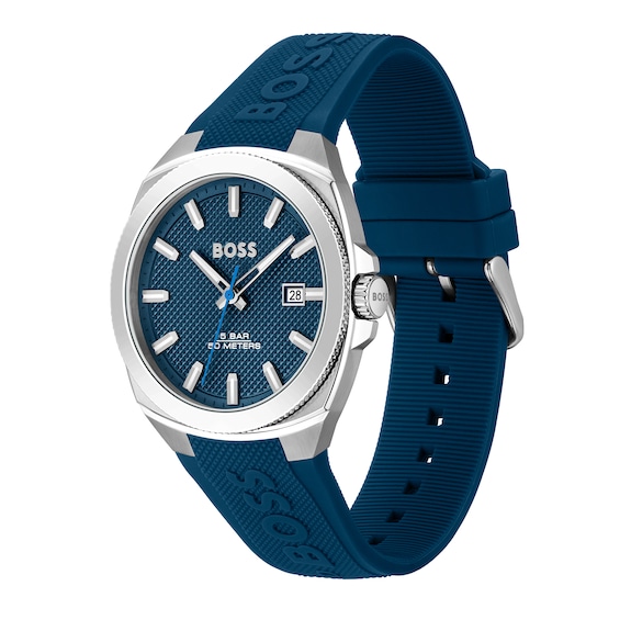 Men's Hugo Boss Walker Branded Silicone Strap Watch with Textured Blue Dial (Model: 1514139)