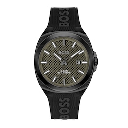 Men's Hugo Boss Walker Black IP Branded Silicone Strap Watch with Textured Green Dial (Model: 1514140)