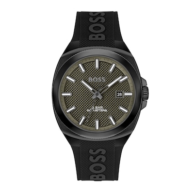 Men's Hugo Boss Walker Black IP Branded Silicone Strap Watch with Textured Green Dial (Model: 1514140)