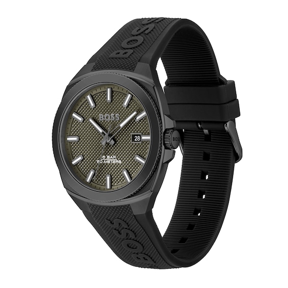 Men's Hugo Boss Walker Black IP Branded Silicone Strap Watch with Textured Green Dial (Model: 1514140)