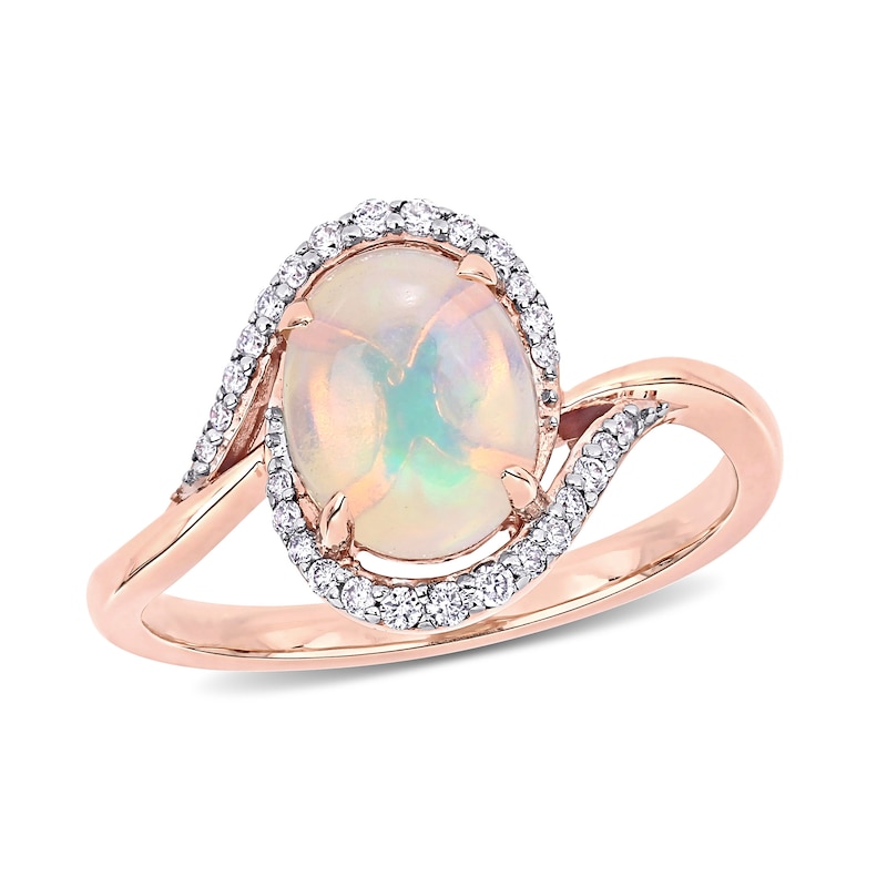 Oval Opal and 0.146 CT. T.W. Diamond Swirl Bypass Frame Ring in 10K Rose Gold