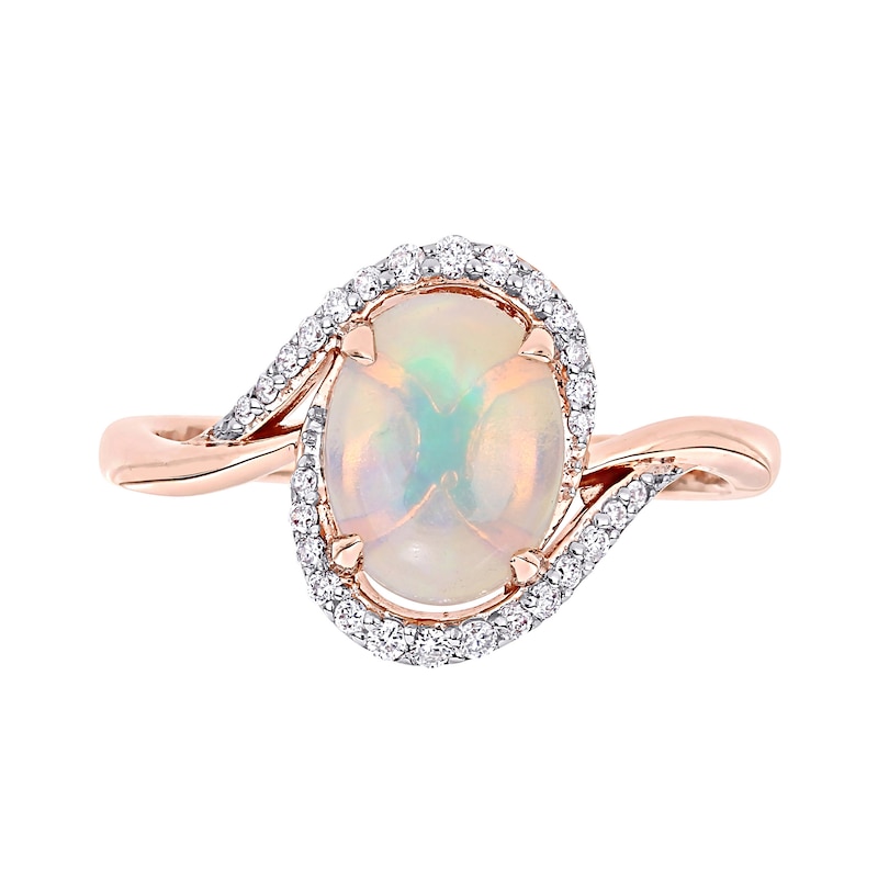 Oval Opal and 0.146 CT. T.W. Diamond Swirl Bypass Frame Ring in 10K Rose Gold