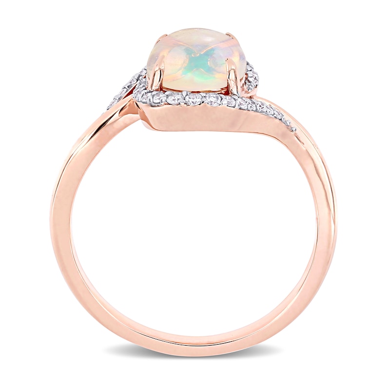 Oval Opal and 0.146 CT. T.W. Diamond Swirl Bypass Frame Ring in 10K Rose Gold