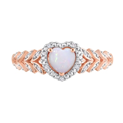 5.0mm Heart-Shaped Opal and 0.05 CT. T.W. Diamond Frame Leaf Shank Ring in 10K Rose Gold