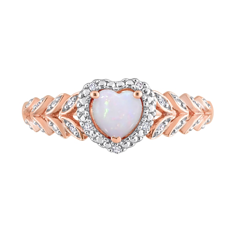 5.0mm Heart-Shaped Opal and 0.05 CT. T.W. Diamond Frame Leaf Shank Ring in 10K Rose Gold