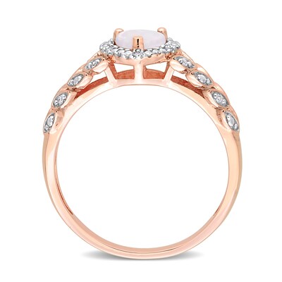 5.0mm Heart-Shaped Opal and 0.05 CT. T.W. Diamond Frame Leaf Shank Ring in 10K Rose Gold