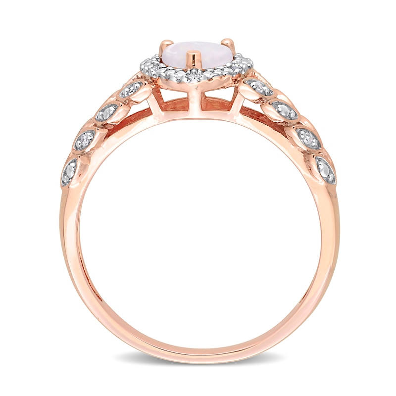 5.0mm Heart-Shaped Opal and 0.05 CT. T.W. Diamond Frame Leaf Shank Ring in 10K Rose Gold