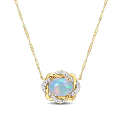 Sideways Oval Blue Opal and 0.08 CT. T.W. Diamond Twist Frame Necklace in 10K Gold - 17"