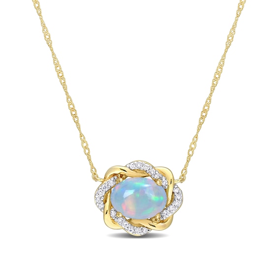 Sideways Oval Blue Opal and 0.08 CT. T.W. Diamond Twist Frame Necklace in 10K Gold - 17"