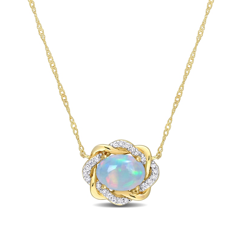 Sideways Oval Blue Opal and 0.08 CT. T.W. Diamond Twist Frame Necklace in 10K Gold - 17"