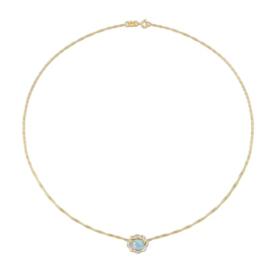 Sideways Oval Blue Opal and 0.08 CT. T.W. Diamond Twist Frame Necklace in 10K Gold - 17"