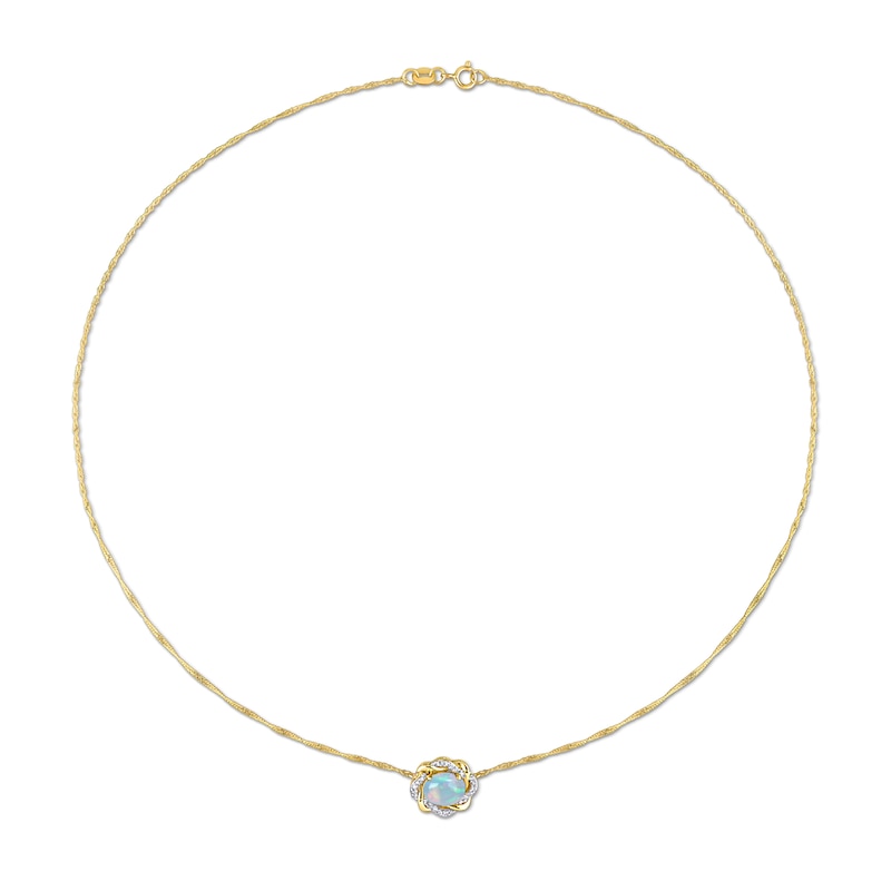 Sideways Oval Blue Opal and 0.08 CT. T.W. Diamond Twist Frame Necklace in 10K Gold - 17"