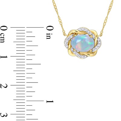 Sideways Oval Blue Opal and 0.08 CT. T.W. Diamond Twist Frame Necklace in 10K Gold - 17"