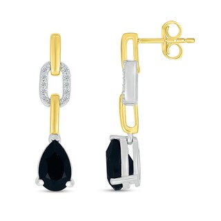 Pear-Shaped Black Onyx and White Lab-Created Sapphire Chain Link Drop Earrings in Sterling Silver and 10K Gold