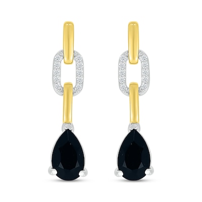 Pear-Shaped Black Onyx and White Lab-Created Sapphire Chain Link Drop Earrings in Sterling Silver and 10K Gold