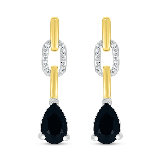 Pear-Shaped Black Onyx and White Lab-Created Sapphire Chain Link Drop Earrings in Sterling Silver and 10K Gold