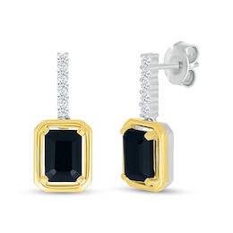 Emerald-Cut Black Onyx and White Lab-Created Sapphire Drop Earrings in Sterling Silver and 10K Gold