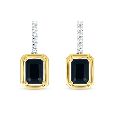 Emerald-Cut Black Onyx and White Lab-Created Sapphire Drop Earrings in Sterling Silver and 10K Gold