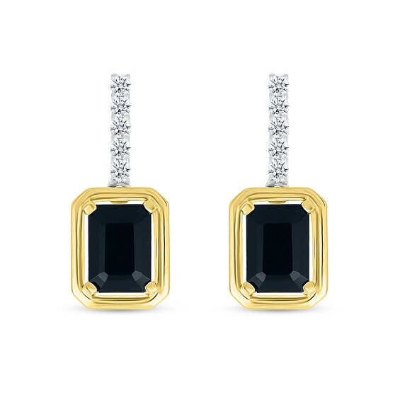 Emerald-Cut Black Onyx and White Lab-Created Sapphire Drop Earrings in Sterling Silver and 10K Gold