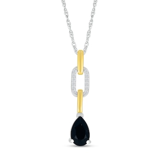 Pear-Shaped Black Onyx and White Lab-Created Sapphire Chain Link Drop Pendant in Sterling Silver and 10K Gold