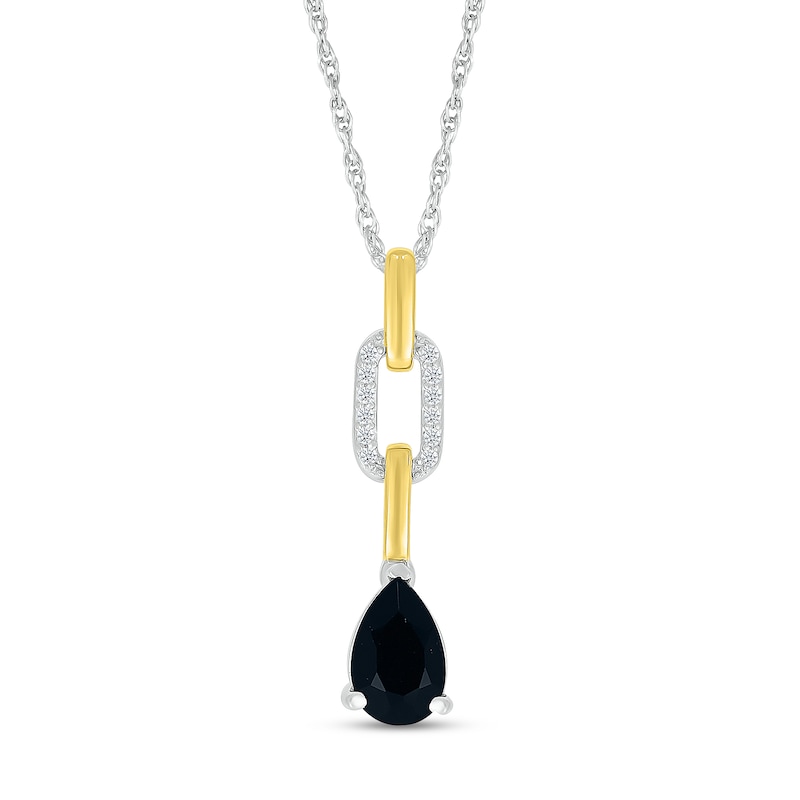 Pear-Shaped Black Onyx and White Lab-Created Sapphire Chain Link Drop Pendant in Sterling Silver and 10K Gold|Peoples Jewellers