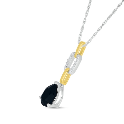 Pear-Shaped Black Onyx and White Lab-Created Sapphire Chain Link Drop Pendant in Sterling Silver and 10K Gold