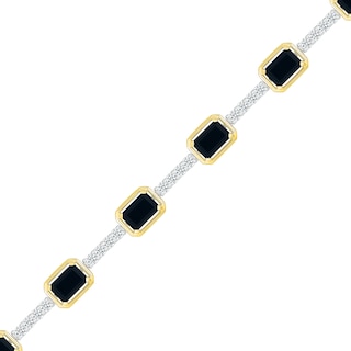 Emerald-Cut Black Onyx and White Lab-Created Sapphire Station Line Bracelet in Sterling Silver and 10K Gold - 7.25"