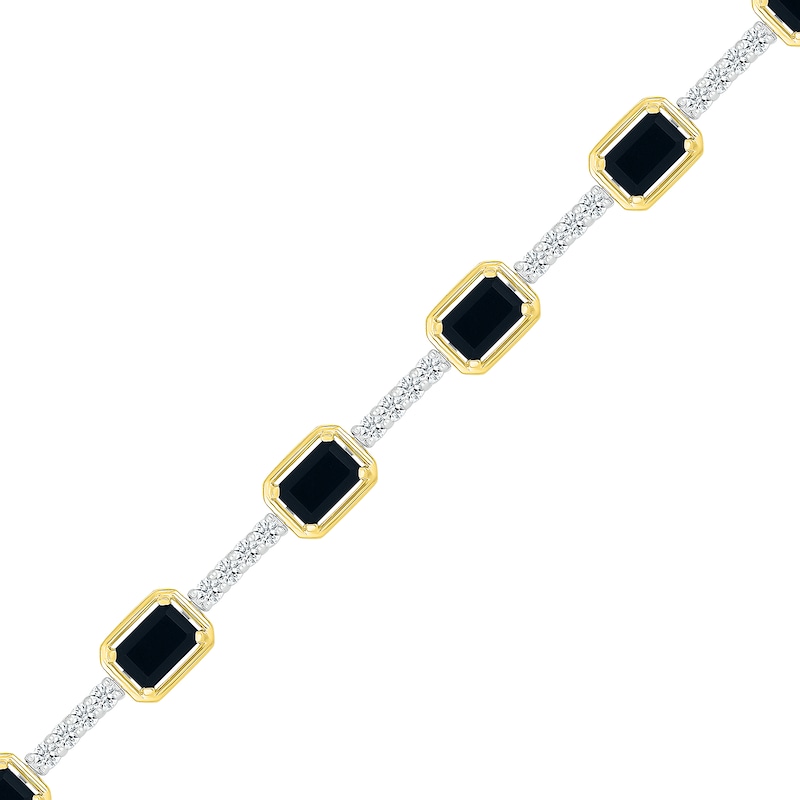 Emerald-Cut Black Onyx and White Lab-Created Sapphire Station Line Bracelet in Sterling Silver and 10K Gold - 7.25"|Peoples Jewellers