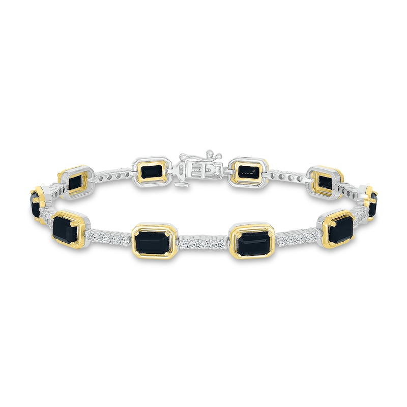 Emerald-Cut Black Onyx and White Lab-Created Sapphire Station Line Bracelet in Sterling Silver and 10K Gold - 7.25"|Peoples Jewellers