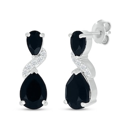 Pear-Shaped Black Onyx and White Lab-Created Sapphire Double Teardrop Earrings in Sterling Silver