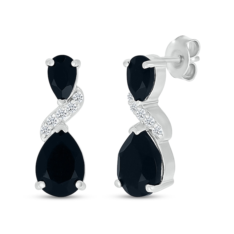 Pear-Shaped Black Onyx and White Lab-Created Sapphire Double Teardrop Earrings in Sterling Silver|Peoples Jewellers