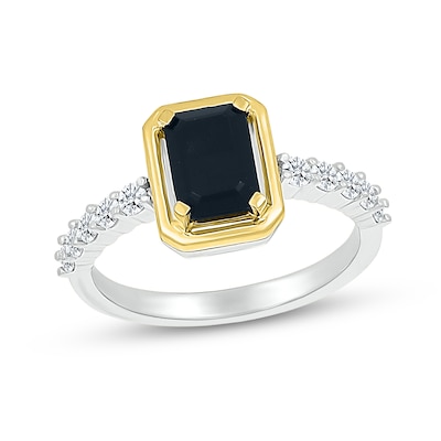 Emerald-Cut Black Onyx and White Lab-Created Sapphire Ring in Sterling Silver and 10K Gold