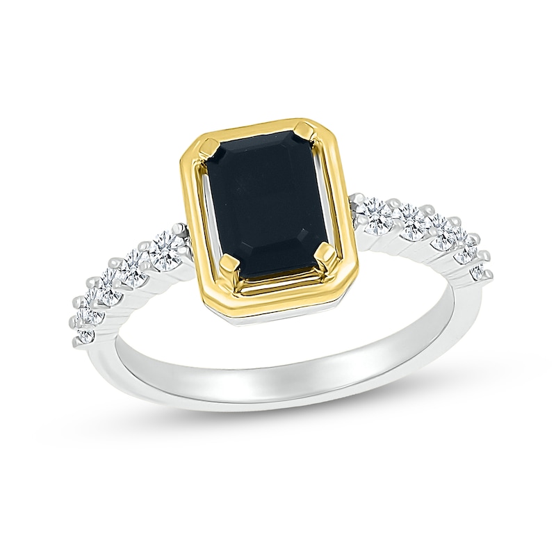 Emerald-Cut Black Onyx and White Lab-Created Sapphire Ring in Sterling Silver and 10K Gold