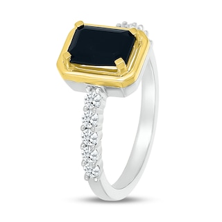 Emerald-Cut Black Onyx and White Lab-Created Sapphire Ring in Sterling Silver and 10K Gold