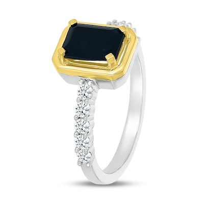 Emerald-Cut Black Onyx and White Lab-Created Sapphire Ring in Sterling Silver and 10K Gold