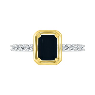 Emerald-Cut Black Onyx and White Lab-Created Sapphire Ring in Sterling Silver and 10K Gold