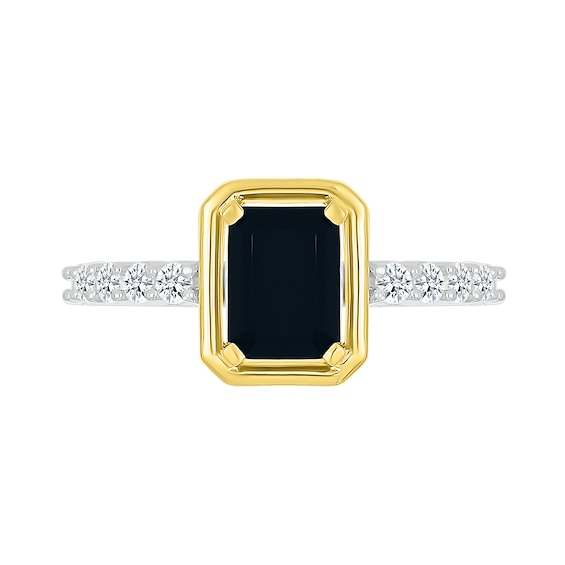 Emerald-Cut Black Onyx and White Lab-Created Sapphire Ring in Sterling Silver and 10K Gold