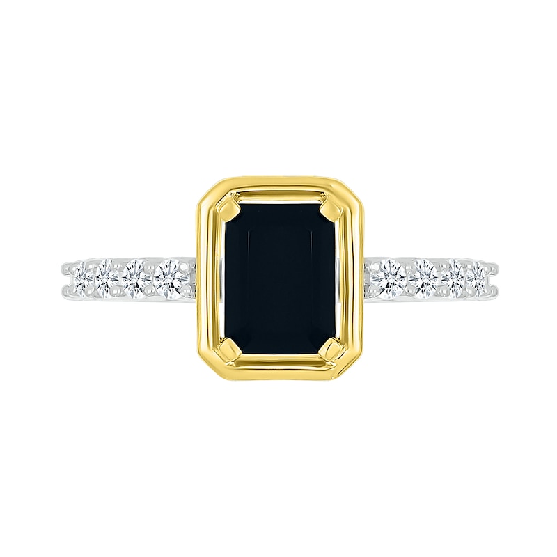 Emerald-Cut Black Onyx and White Lab-Created Sapphire Ring in Sterling Silver and 10K Gold