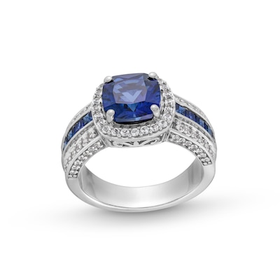 8.0mm Cushion-Cut Blue and White Lab-Created Sapphire Frame Triple Row Ring in Sterling Silver