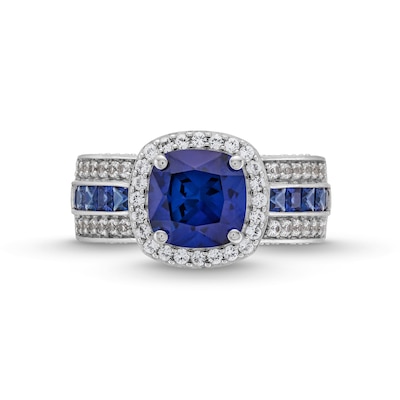 8.0mm Cushion-Cut Blue and White Lab-Created Sapphire Frame Triple Row Ring in Sterling Silver