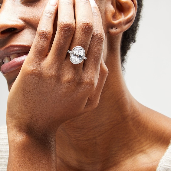 Oval White Lab-Created Sapphire Frame Ring in Sterling Silver