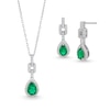 Thumbnail Image 0 of Pear-Shaped Lab-Created Emerald and White Lab-Created Sapphire Doorknocker Pendant and Earrings Set in Sterling Silver