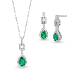 Pear-Shaped Lab-Created Emerald and White Lab-Created Sapphire Doorknocker Pendant and Earrings Set in Sterling Silver